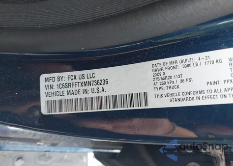 2021 Ram 1500 Big Horn 4X4 5'7 Box from USA, damaged, VIN 1C6SRFFTXMN736236